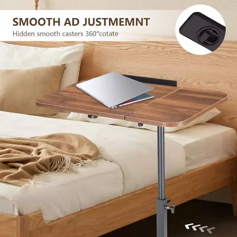 Overbed Bedside Table with Wheels, Tiltable Hospital Bed Table Over The Bed, Pneumatic Adjustable Rolling Laptop Desk, Mobile Standing Desk for Home
