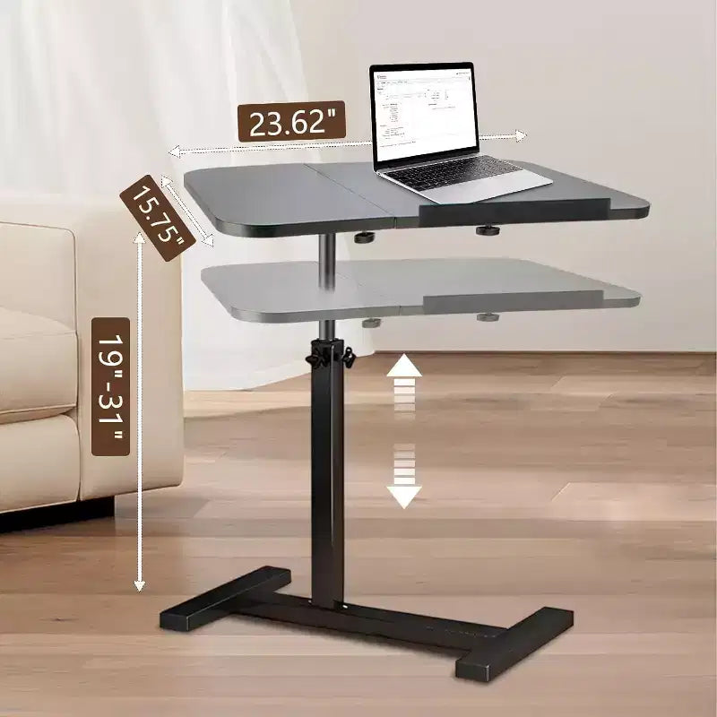 Overbed Bedside Table with Wheels, Tiltable Hospital Bed Table Over The Bed, Pneumatic Adjustable Rolling Laptop Desk, Mobile Standing Desk for Home