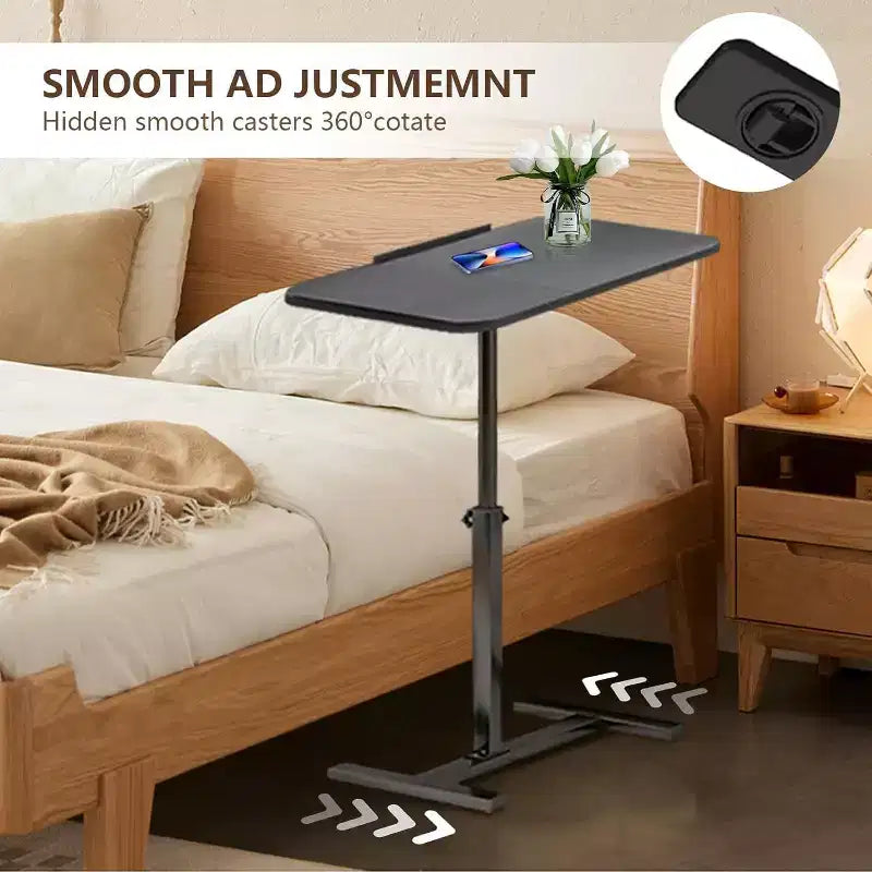 Overbed Bedside Table with Wheels, Tiltable Hospital Bed Table Over The Bed, Pneumatic Adjustable Rolling Laptop Desk, Mobile Standing Desk for Home
