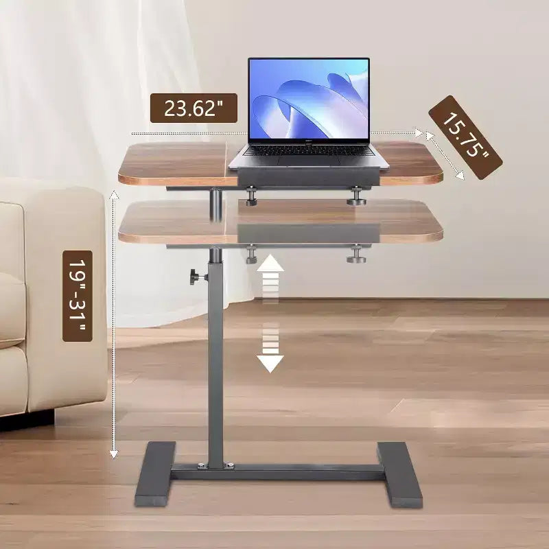 Overbed Bedside Table with Wheels, Tiltable Hospital Bed Table Over The Bed, Pneumatic Adjustable Rolling Laptop Desk, Mobile Standing Desk for Home