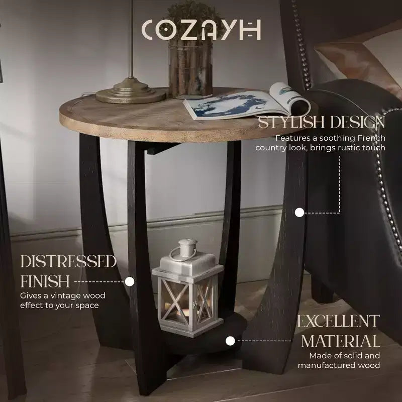 COZAYH Rustic Farmhouse Round End Table, Storage Shelf for Living Room, Set of 2