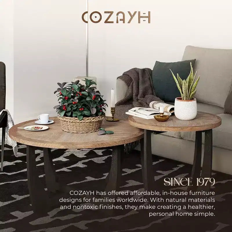 COZAYH Rustic Farmhouse Round End Table, Storage Shelf for Living Room, Set of 2