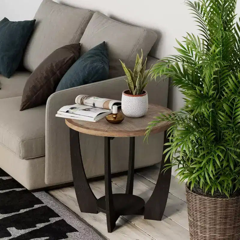 COZAYH Rustic Farmhouse Round End Table, Storage Shelf for Living Room, Set of 2