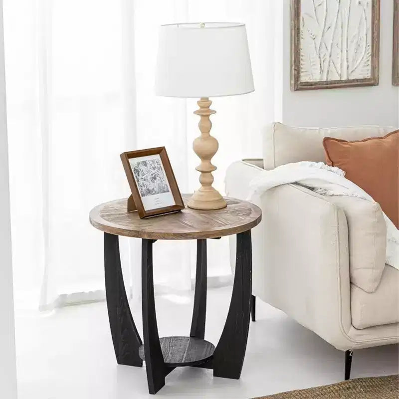 COZAYH Rustic Farmhouse Round End Table, Storage Shelf for Living Room, Set of 2