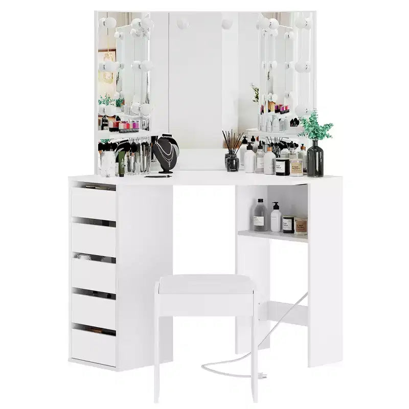 Corner vanity set with triple-fold lighted mirror, featuring a charging station, 5 rotating drawers, and storage benchperfect for the bedroom.