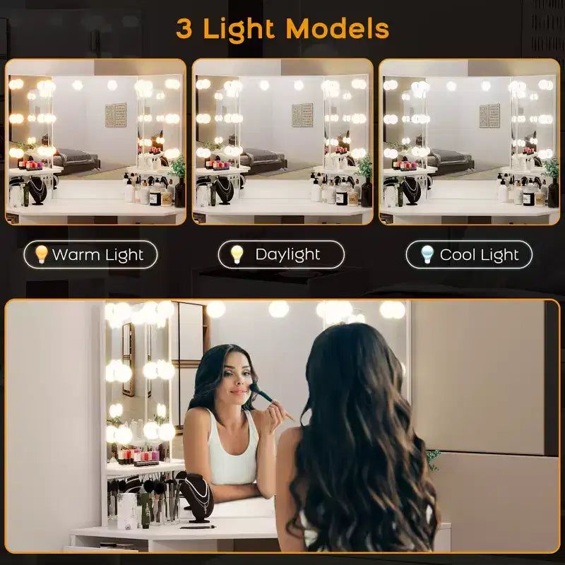 Corner vanity set with triple-fold lighted mirror, featuring a charging station, 5 rotating drawers, and storage benchperfect for the bedroom.