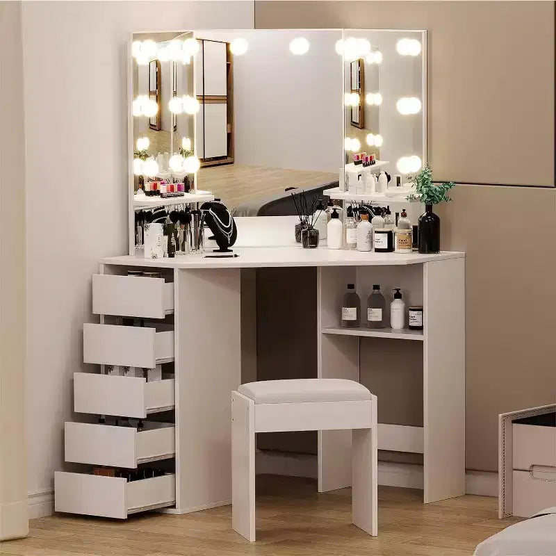 Corner vanity set with triple-fold lighted mirror, featuring a charging station, 5 rotating drawers, and storage benchperfect for the bedroom.
