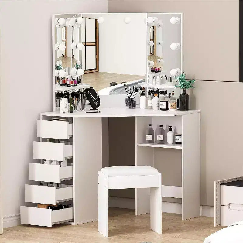 Corner vanity set with triple-fold lighted mirror, featuring a charging station, 5 rotating drawers, and storage benchperfect for the bedroom.