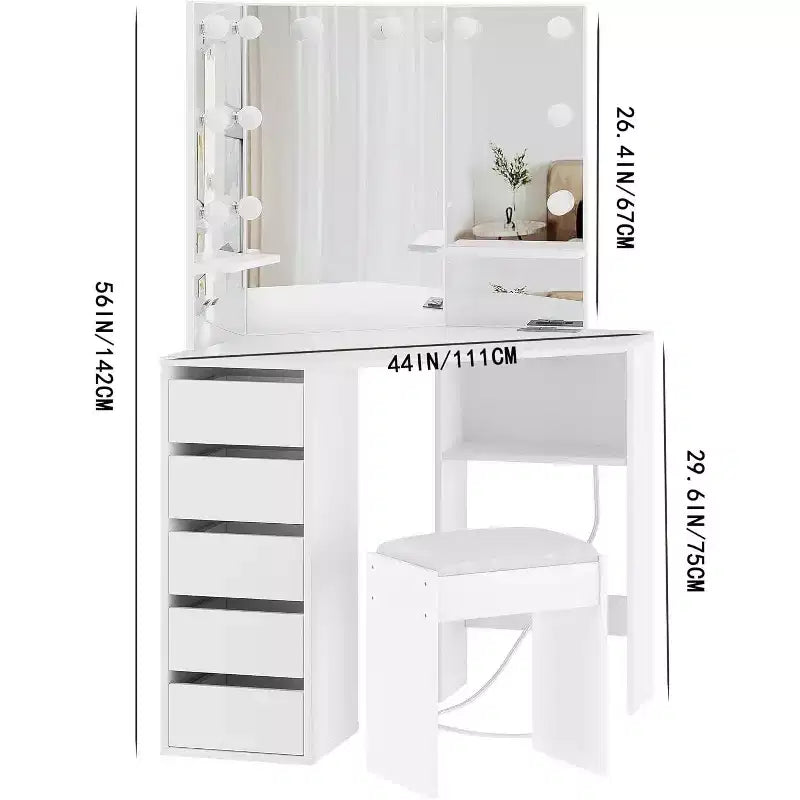 Corner vanity set with triple-fold lighted mirror, featuring a charging station, 5 rotating drawers, and storage benchperfect for the bedroom.