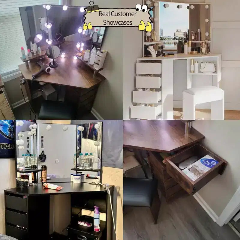 Corner vanity set with triple-fold lighted mirror, featuring a charging station, 5 rotating drawers, and storage benchperfect for the bedroom.