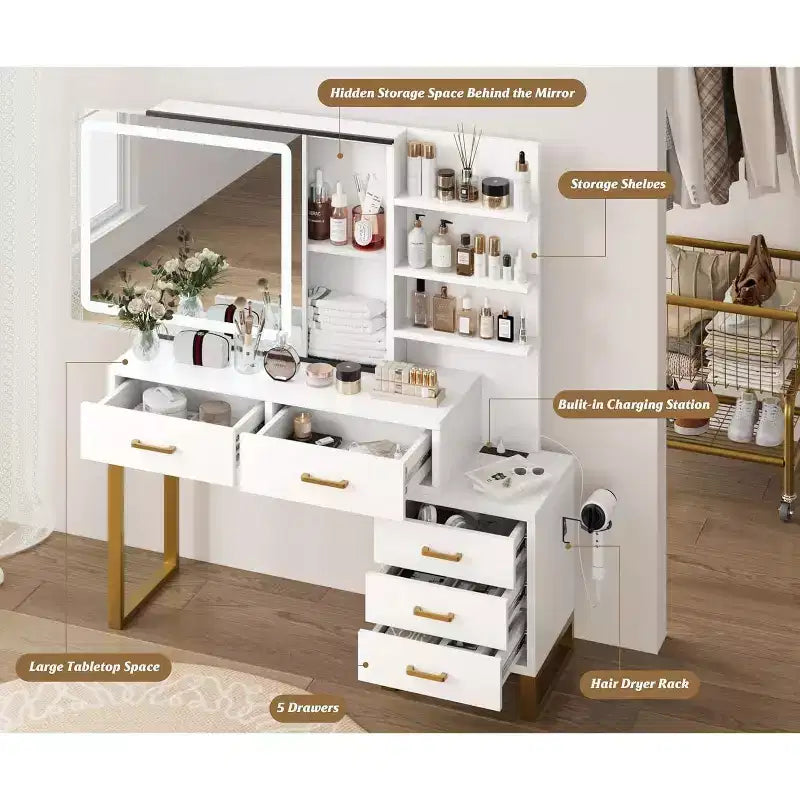 Vanity with Mirror and Light, Sliding Illuminated Mirror Makeup Table, 3 Lighting Modes, 5 Large Drawers, Suitable for Bedrooms