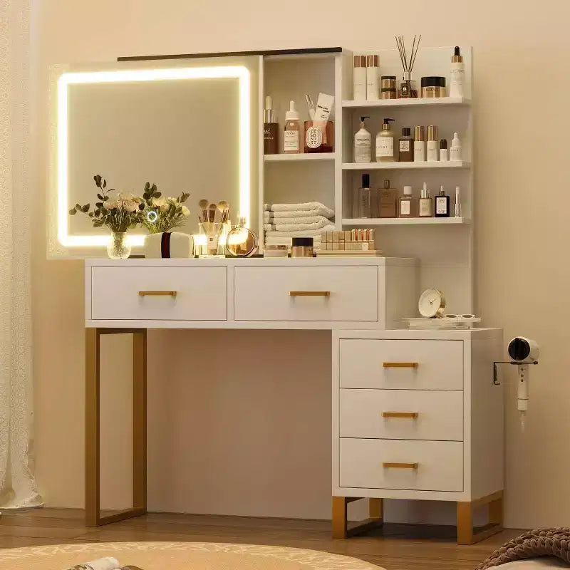 Vanity with Mirror and Light, Sliding Illuminated Mirror Makeup Table, 3 Lighting Modes, 5 Large Drawers, Suitable for Bedrooms