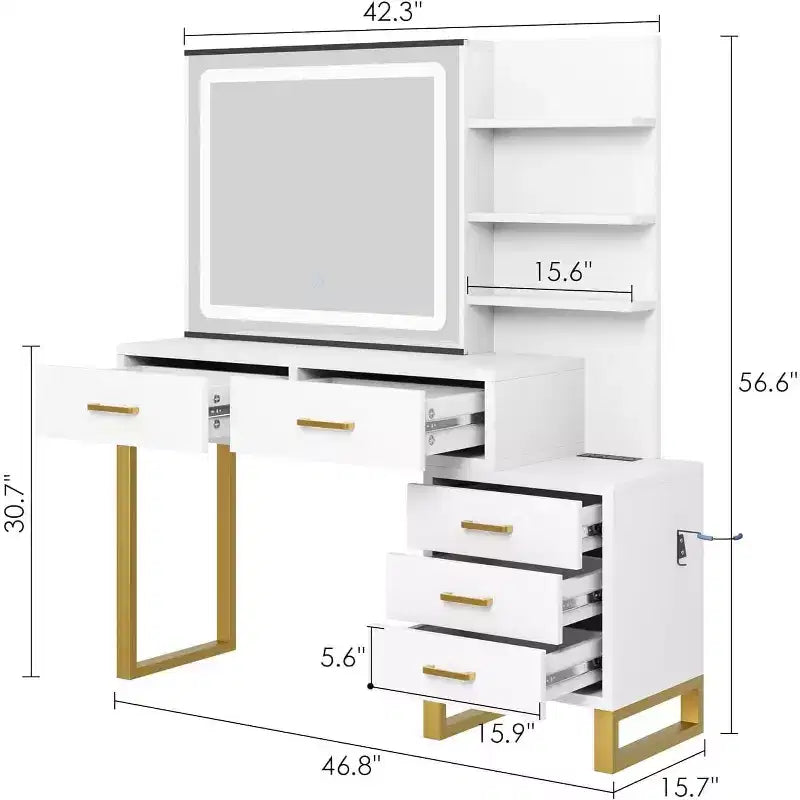 Vanity with Mirror and Light, Sliding Illuminated Mirror Makeup Table, 3 Lighting Modes, 5 Large Drawers, Suitable for Bedrooms