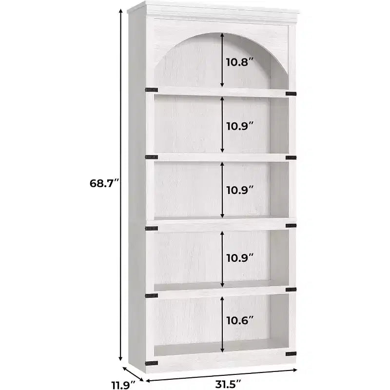 Arched Bookshelf 5-Shelf Farmhouse, 68.7 Tall Wooden Bookcase, Curved Storage Shelf for Living Room, Home Office, Bedroom & Study Decor