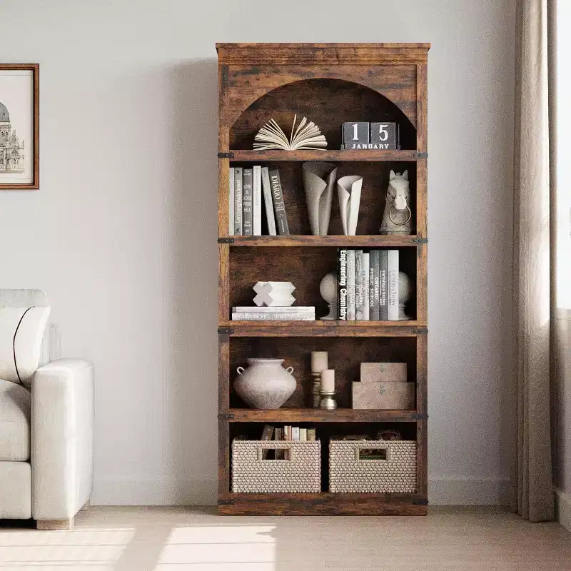 Arched Bookshelf 5-Shelf Farmhouse, 68.7 Tall Wooden Bookcase, Curved Storage Shelf for Living Room, Home Office, Bedroom & Study Decor