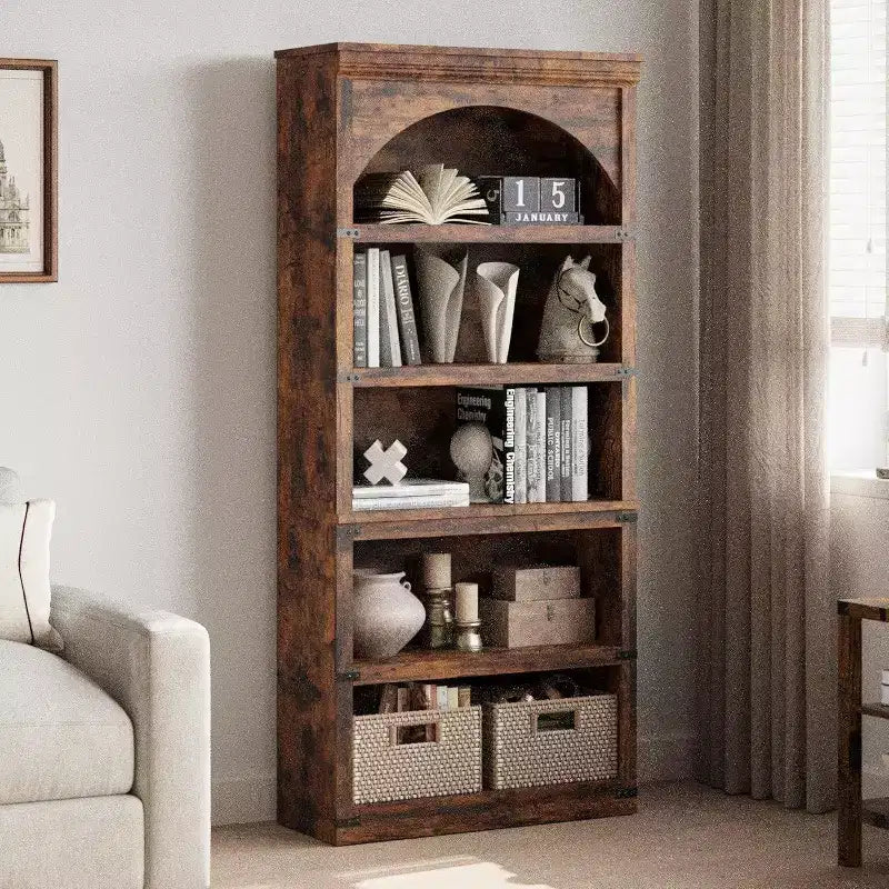 Arched Bookshelf 5-Shelf Farmhouse, 68.7 Tall Wooden Bookcase, Curved Storage Shelf for Living Room, Home Office, Bedroom & Study Decor