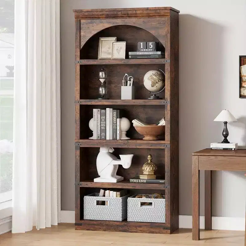 Arched Bookshelf 5-Shelf Farmhouse, 68.7 Tall Wooden Bookcase, Curved Storage Shelf for Living Room, Home Office, Bedroom & Study Decor
