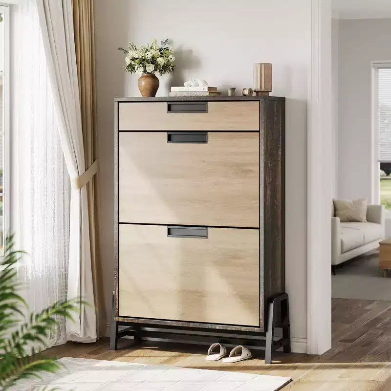 Shoe Storage Cabinet with 3 Flip-Drawers, Hidden Entryway Organizer, Freestanding Narrow Shoe Rack for Hallway & Living Room