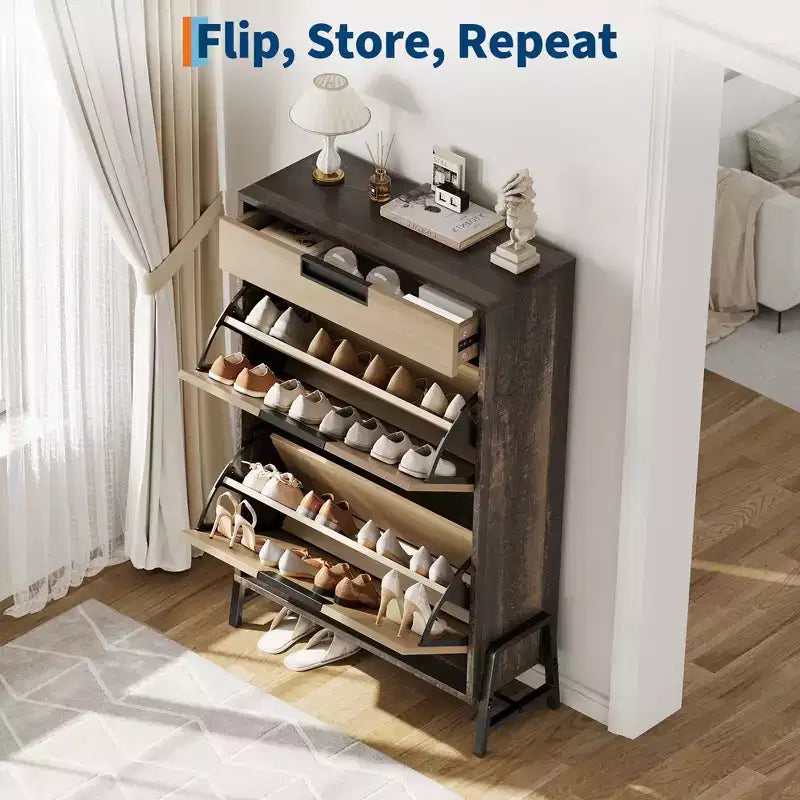 Shoe Storage Cabinet with 3 Flip-Drawers, Hidden Entryway Organizer, Freestanding Narrow Shoe Rack for Hallway & Living Room