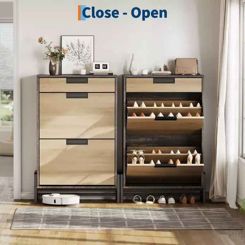 Shoe Storage Cabinet with 3 Flip-Drawers, Hidden Entryway Organizer, Freestanding Narrow Shoe Rack for Hallway & Living Room