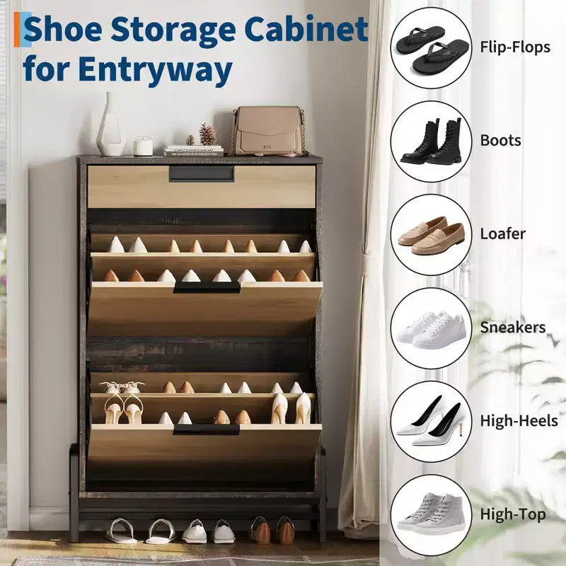 Shoe Storage Cabinet with 3 Flip-Drawers, Hidden Entryway Organizer, Freestanding Narrow Shoe Rack for Hallway & Living Room