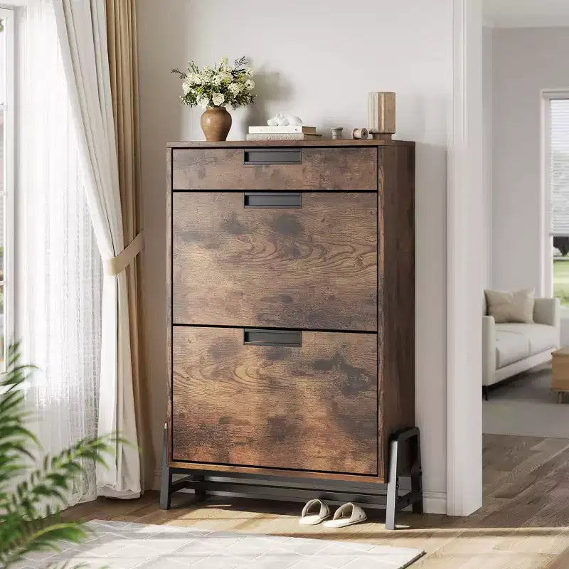 Shoe Storage Cabinet with 3 Flip-Drawers, Hidden Entryway Organizer, Freestanding Narrow Shoe Rack for Hallway & Living Room