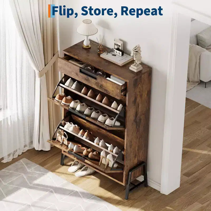 Shoe Storage Cabinet with 3 Flip-Drawers, Hidden Entryway Organizer, Freestanding Narrow Shoe Rack for Hallway & Living Room