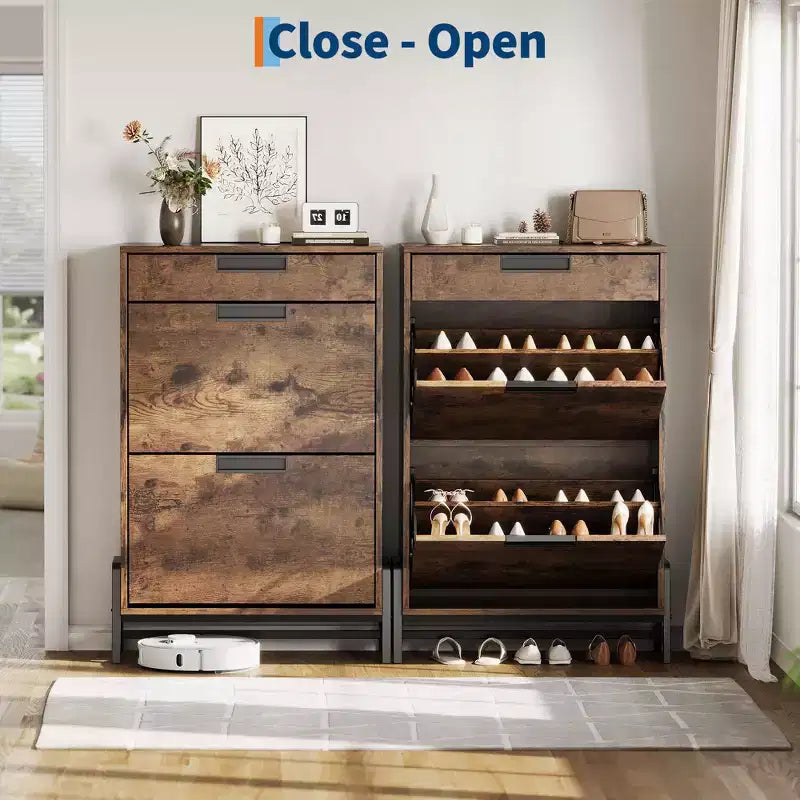 Shoe Storage Cabinet with 3 Flip-Drawers, Hidden Entryway Organizer, Freestanding Narrow Shoe Rack for Hallway & Living Room