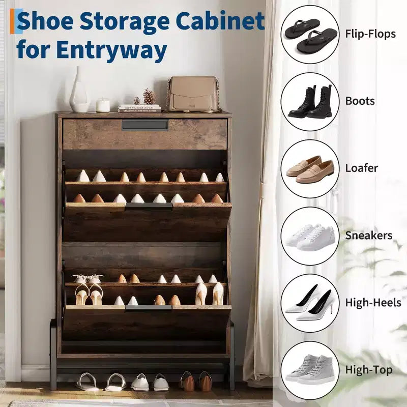 Shoe Storage Cabinet with 3 Flip-Drawers, Hidden Entryway Organizer, Freestanding Narrow Shoe Rack for Hallway & Living Room