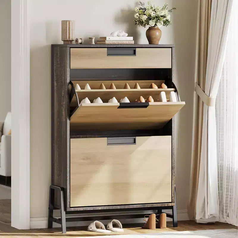 Shoe Storage Cabinet with 3 Flip-Drawers, Hidden Entryway Organizer, Freestanding Narrow Shoe Rack for Hallway & Living Room
