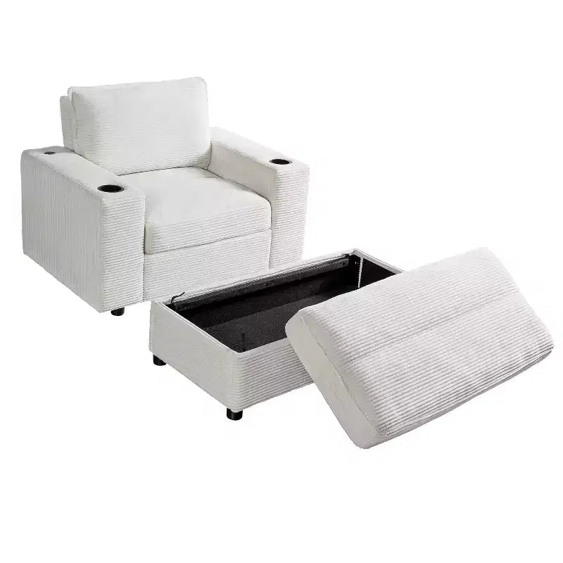 Oversized Accent Chair Upholstered Chaise Lounge with Storage Ottoman, Cup Holders & USB Port, Single Sleeper Sofa Bed Reading Couch - ModernLuxe