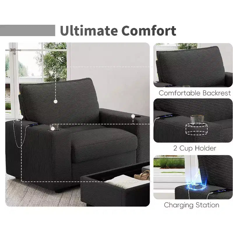 Oversized Accent Chair Upholstered Chaise Lounge with Storage Ottoman, Cup Holders & USB Port, Single Sleeper Sofa Bed Reading Couch - ModernLuxe