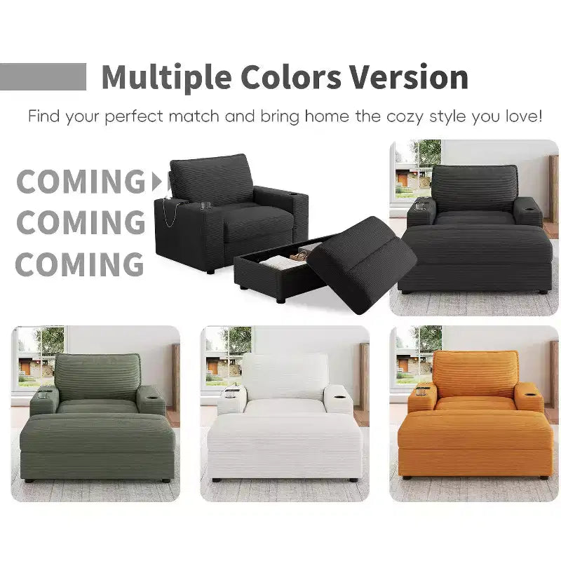 Oversized Accent Chair Upholstered Chaise Lounge with Storage Ottoman, Cup Holders & USB Port, Single Sleeper Sofa Bed Reading Couch - ModernLuxe