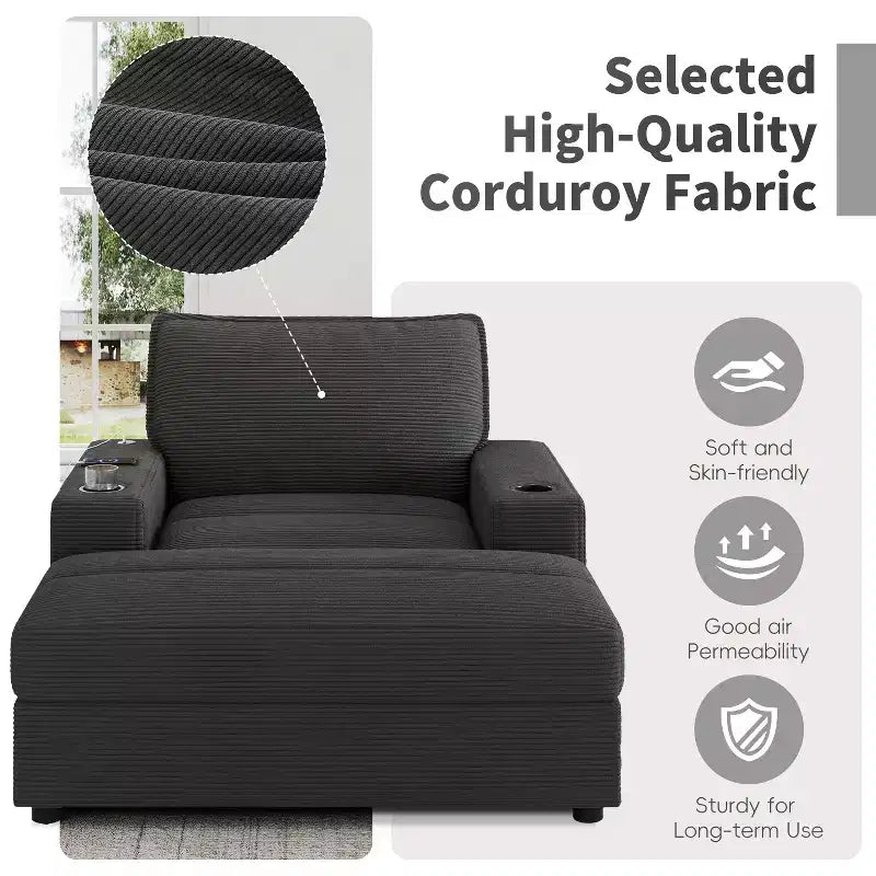 Oversized Accent Chair Upholstered Chaise Lounge with Storage Ottoman, Cup Holders & USB Port, Single Sleeper Sofa Bed Reading Couch - ModernLuxe