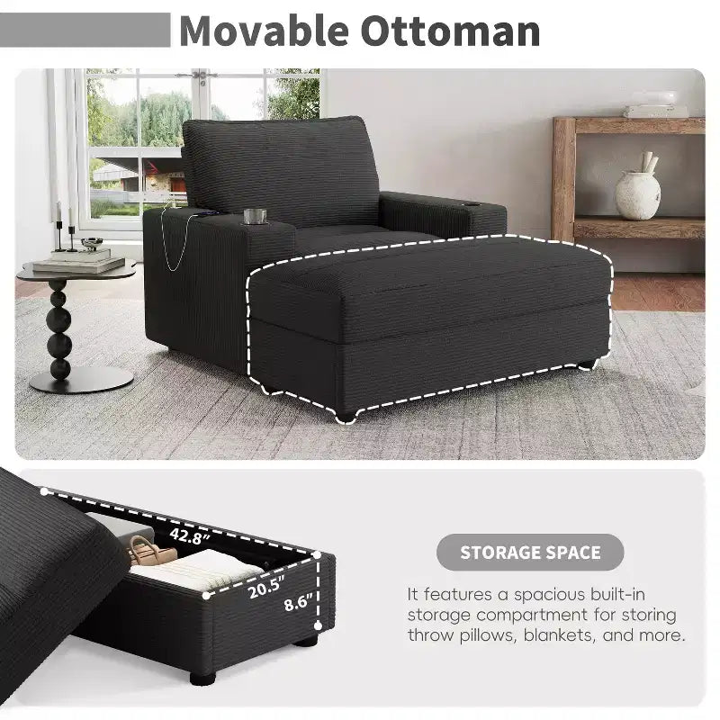 Oversized Accent Chair Upholstered Chaise Lounge with Storage Ottoman, Cup Holders & USB Port, Single Sleeper Sofa Bed Reading Couch - ModernLuxe
