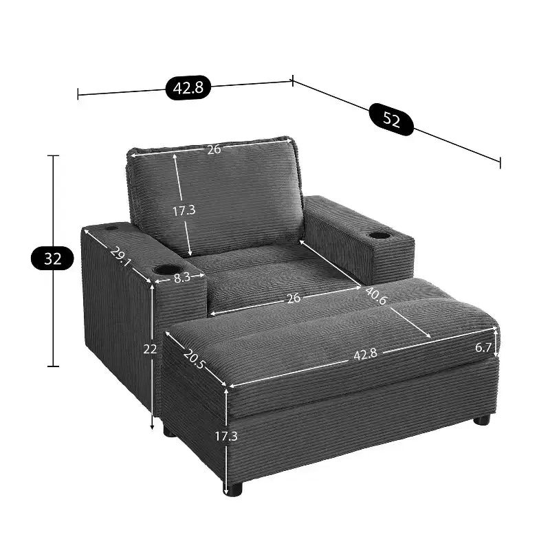 Oversized Accent Chair Upholstered Chaise Lounge with Storage Ottoman, Cup Holders & USB Port, Single Sleeper Sofa Bed Reading Couch - ModernLuxe
