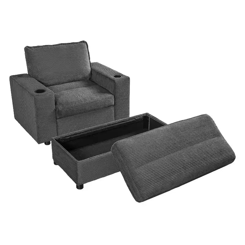Oversized Accent Chair Upholstered Chaise Lounge with Storage Ottoman, Cup Holders & USB Port, Single Sleeper Sofa Bed Reading Couch - ModernLuxe