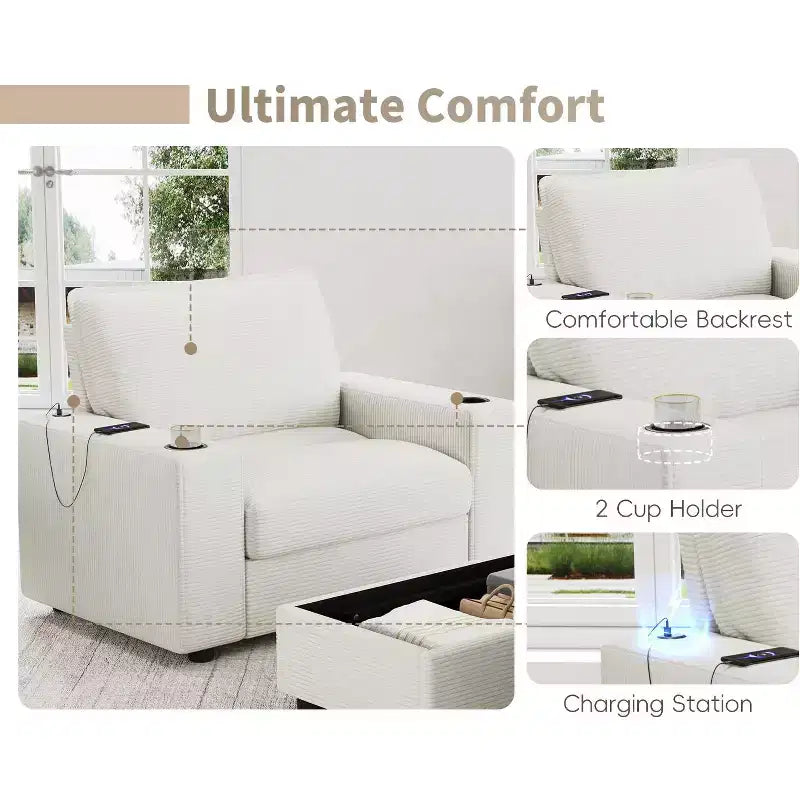 Oversized Accent Chair Upholstered Chaise Lounge with Storage Ottoman, Cup Holders & USB Port, Single Sleeper Sofa Bed Reading Couch - ModernLuxe