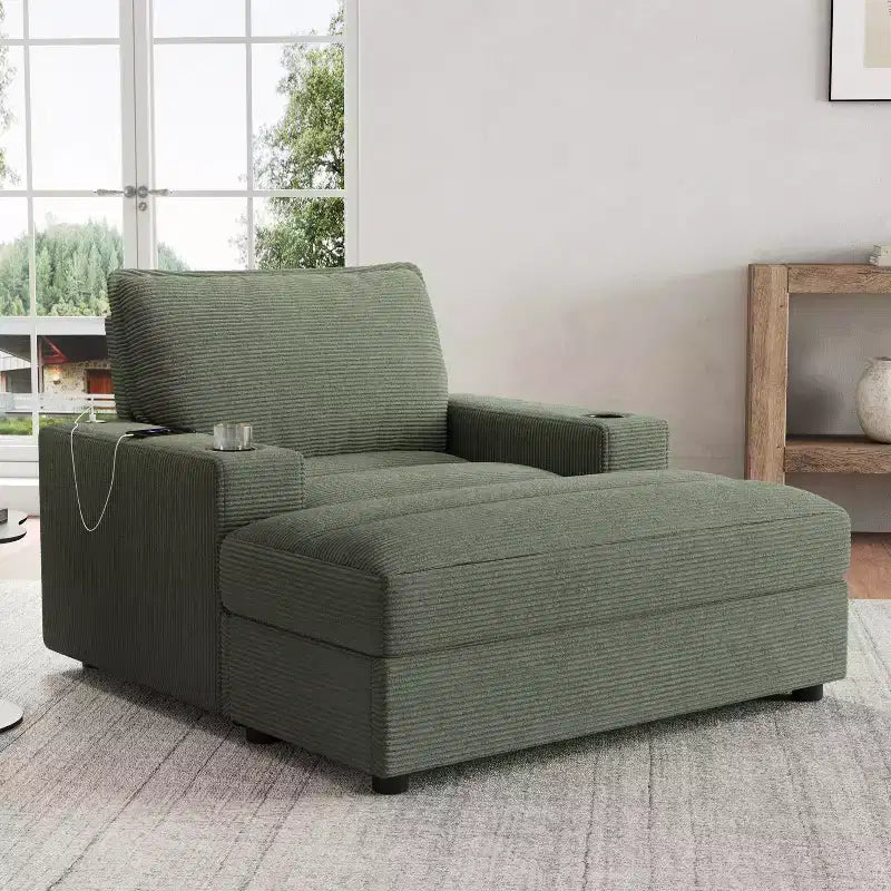 Oversized Accent Chair Upholstered Chaise Lounge with Storage Ottoman, Cup Holders & USB Port, Single Sleeper Sofa Bed Reading Couch - ModernLuxe