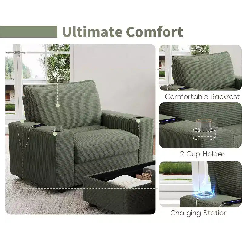 Oversized Accent Chair Upholstered Chaise Lounge with Storage Ottoman, Cup Holders & USB Port, Single Sleeper Sofa Bed Reading Couch - ModernLuxe