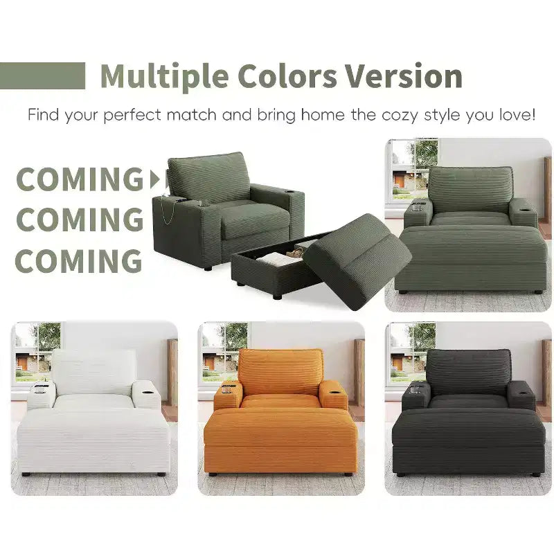 Oversized Accent Chair Upholstered Chaise Lounge with Storage Ottoman, Cup Holders & USB Port, Single Sleeper Sofa Bed Reading Couch - ModernLuxe