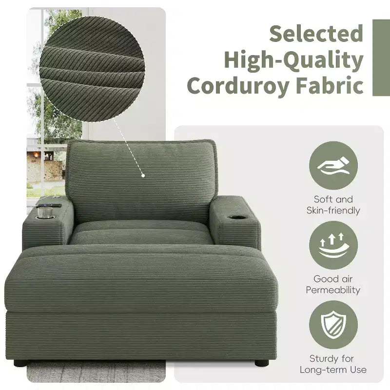 Oversized Accent Chair Upholstered Chaise Lounge with Storage Ottoman, Cup Holders & USB Port, Single Sleeper Sofa Bed Reading Couch - ModernLuxe