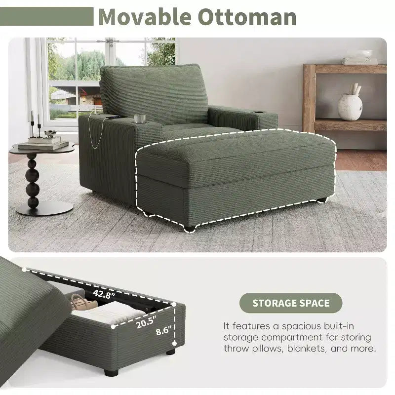 Oversized Accent Chair Upholstered Chaise Lounge with Storage Ottoman, Cup Holders & USB Port, Single Sleeper Sofa Bed Reading Couch - ModernLuxe