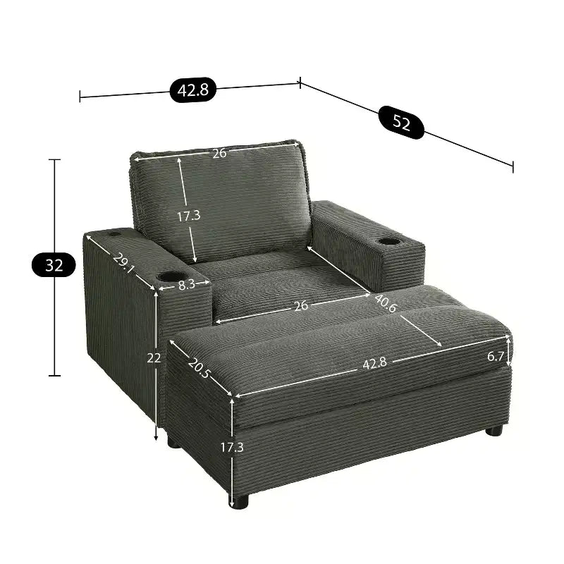 Oversized Accent Chair Upholstered Chaise Lounge with Storage Ottoman, Cup Holders & USB Port, Single Sleeper Sofa Bed Reading Couch - ModernLuxe