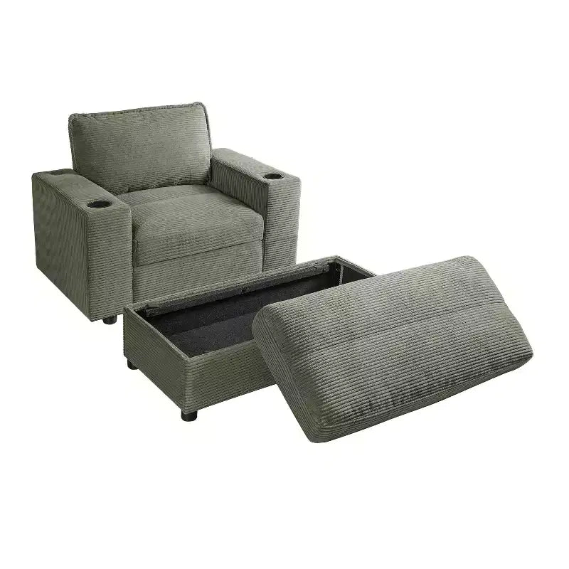 Oversized Accent Chair Upholstered Chaise Lounge with Storage Ottoman, Cup Holders & USB Port, Single Sleeper Sofa Bed Reading Couch - ModernLuxe