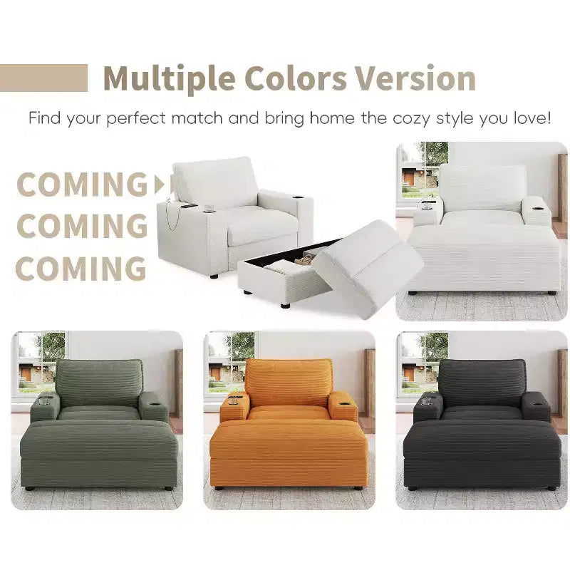 Oversized Accent Chair Upholstered Chaise Lounge with Storage Ottoman, Cup Holders & USB Port, Single Sleeper Sofa Bed Reading Couch - ModernLuxe