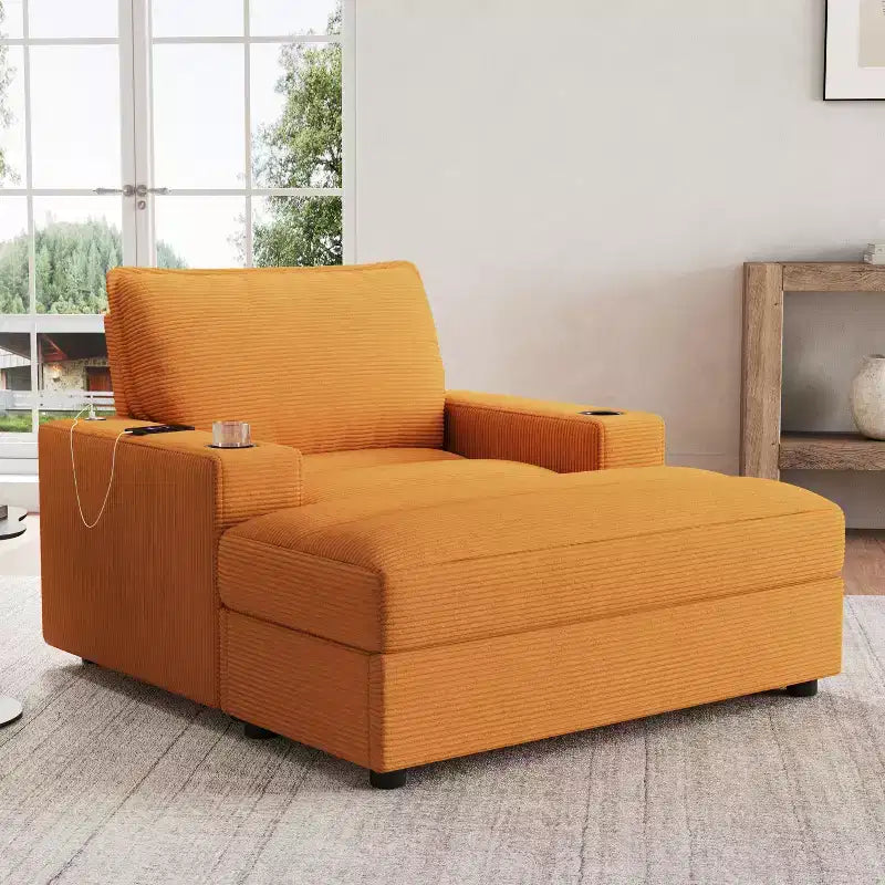 Oversized Accent Chair Upholstered Chaise Lounge with Storage Ottoman, Cup Holders & USB Port, Single Sleeper Sofa Bed Reading Couch - ModernLuxe