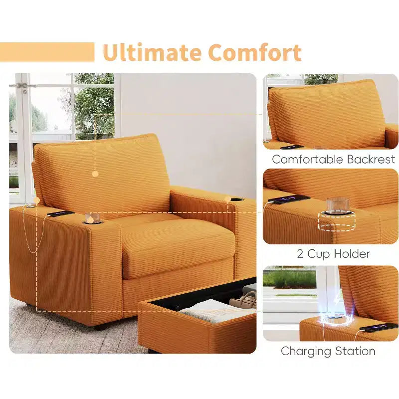 Oversized Accent Chair Upholstered Chaise Lounge with Storage Ottoman, Cup Holders & USB Port, Single Sleeper Sofa Bed Reading Couch - ModernLuxe