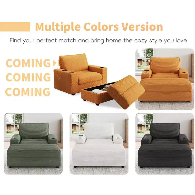 Oversized Accent Chair Upholstered Chaise Lounge with Storage Ottoman, Cup Holders & USB Port, Single Sleeper Sofa Bed Reading Couch - ModernLuxe