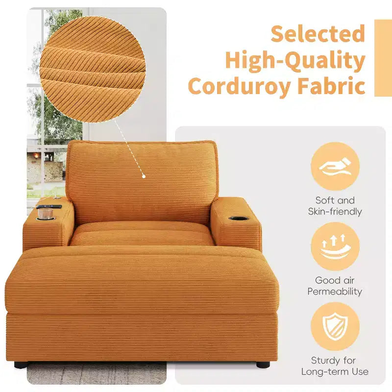 Oversized Accent Chair Upholstered Chaise Lounge with Storage Ottoman, Cup Holders & USB Port, Single Sleeper Sofa Bed Reading Couch - ModernLuxe